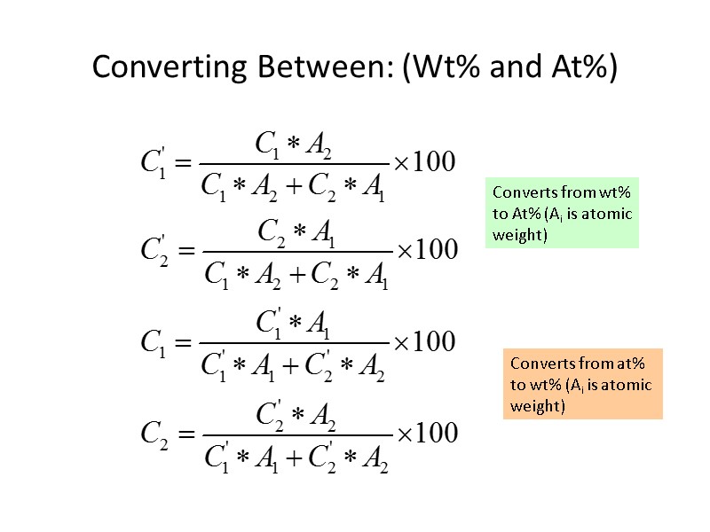 Converting Between: (Wt% and At%) Converts from wt% to At% (Ai is atomic weight)